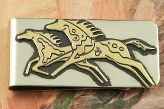 Beautiful Gold Fill Horse Design on Sterling Silver set on a Nickel Silver Money Clip. Created by Navajo Artist Tommy Singer.